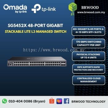 OMADA TP-LINK SG5452X: 48-Port Gigabit Stackable Lite L3 Managed Switch with 4�� 10G Slots