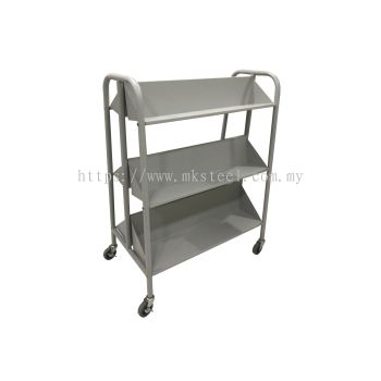 DOUBLE SIDED BOOK TROLLEY WITH 6 SLANTED SHELVES