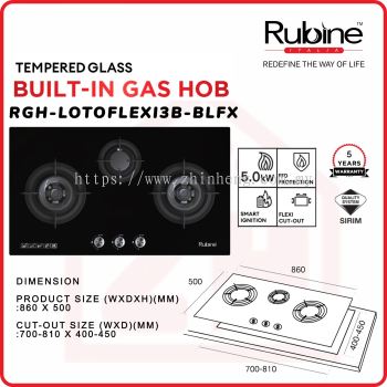 RUBINE 3 Burner Gas Cooker Hob RGH-LOTOFLEXI 3B-BL