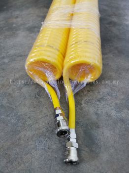 PU Coil Hose 12mm x 8mm x 9mtrs | Yellow Colour Spiral Hose | Total Working Length 9mtrs | c/w Coupling set 