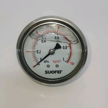 2 1/2 Dial Pressure Gauge | Back Connection 1/4" | Reading 0 - 1MPa or 0 - 10kg/cm2 | Stainless Steel Body Casing | Brass Connector | Oil Filled Anti Vibration 