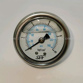 2'' Dial Pressure Gauge | Back Connection 1/4'' | Reading 0 - 140 PSI or 0 - 10 kg/cm2 | Stainless Steel Casing | Brass Connector | Oil Filled Anti Vibration 