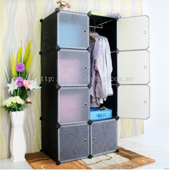 Portable DIY Design Stackable 8 Cube Storage Cabinet Stackable Wardrobe Storage (Black) with Free 1 Hanging Rod (Black)