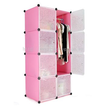 Portable DIY Design Stackable 8 Cube Storage Cabinet Stackable Wardrobe Storage (Black) with Free 1 Hanging Rod (Pink)