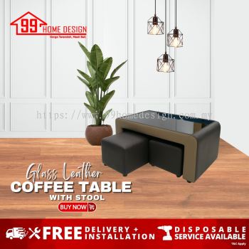 COFFEE TABLE WITH STOOL : GLASS + LEATHER