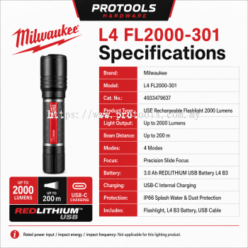 L4 B3 USB Rechargeable 2000 Max Lumens Slide Focus Flashlight