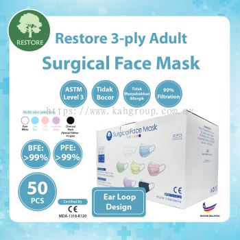 Restore 3 Ply Surgical Face Mask @ BFE 99% PFE 99% @ Ear Loop