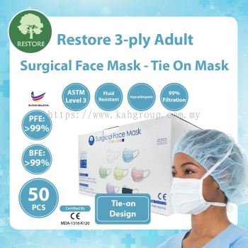 Restore 3 Ply Surgical Face Mask @ BFE 99% PFE 99% @ Tie on Design