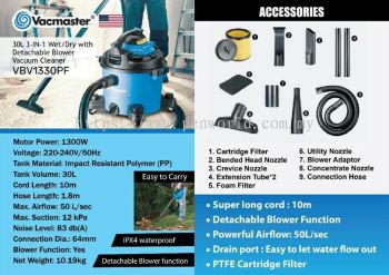 VACMASTER VBV1330PF 30L 3IN1 WET / DRY WITH DETACHABLE BLOWER VACUUM CLEANER