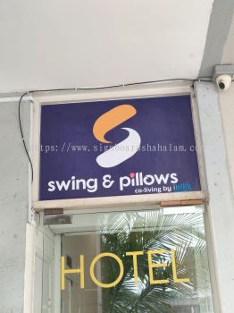 Swing & Pillows Hotel Aluminium Trim Casing Base With 3D Box Up LED Frontlit Lettering Signboard At Kepong