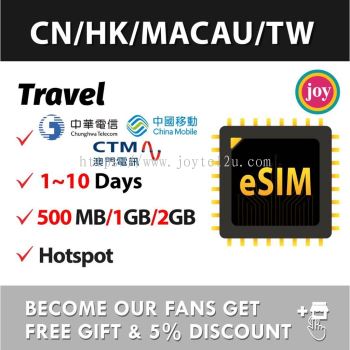 eSIM【China + Hong Kong + Macau + Taiwan】China Hong Kong Macau Taiwan Travel Prepaid Sim Card UNLIMITED GB 中国香港澳门台湾上网卡