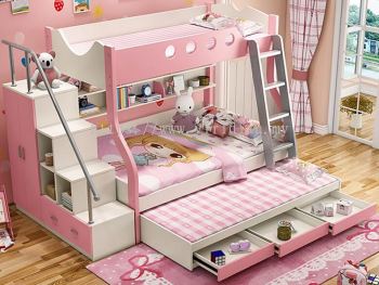 MDF Bunk Bed + Ladder Wardrobe & Drawer + Drag Bed with 3 drawers - Z1931P