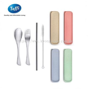 TOFFI 4-PC PORTABLE STAINLESS STEEL FLATWARE SET (SPOON + FORK + STRAW + BRUSH) - F0023