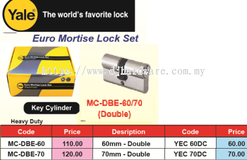 YALE EURO MORTISE LOCK SET KEY CYLINDER MC DBE 70 DOUBLE (WS)