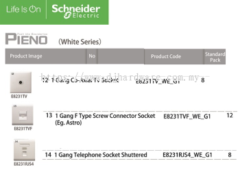 SCHNEIDER ELECTRIC PIENO WHITE SERIES 1GANG TELEPHONE SOCKET SHUTTERED (WS)