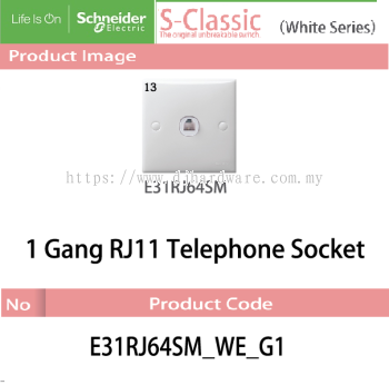 SCHNEIDER ELECTRIC S CLASSIC WHITE SERIES 1GANG RJ11 TELEPHONE SOCKET (WS)