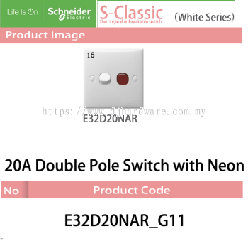 SCHNEIDER ELECTRIC S CLASSIC WHITE SERIES 20A DOUBLE POLE SWITCH WITH NEON (WS)