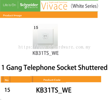 SCHNEIDER ELECTRIC VIVACE WHITE SERIES 1GANG TELEPHONE SOCKET SHUTTERED (WS)