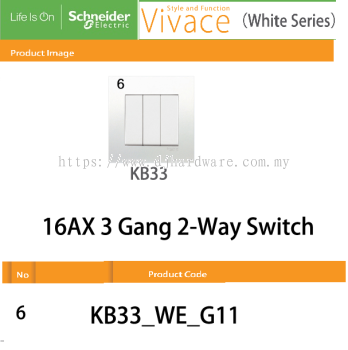 SCHNEIDER ELECTRIC VIVACE WHITE SERIES 16AX 3GANG 2 WAY SWITCH  (WS)