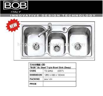 BOB ITALY INNOVATIVE DESIGN TECHNOLOGY BOB ST STEEL TRIPLE BOWL SINK DEEP TD2042OEF (BS)