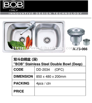 BOB ITALY INNOVATIVE DESIGN TECHNOLOGY BOB STAINLESS STEEL DOUBLE BOWL DEEP DD2034OFC (BS)