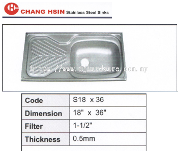 CHANG HSIN STAINLESS STEEL SINKS S18 X 36 (BS)