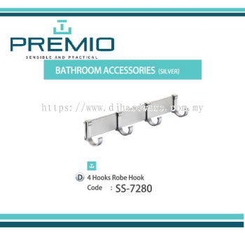 PREMIO BATHROOM ACCESSORIES SILVER 4 HOOKS ROBE HOOK SS7280 (WS)