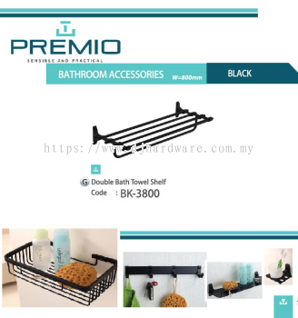 PREMIO BATHROOM ACCESSORIES W 800MM BLACK DOUBLE BATH TOWEL SHELF BK3800 (WS)