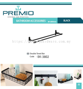 PREMIO BATHROOM ACCESSORIES W 800MM BLACK DOUBLE TOWEL BAR BK3802 (WS)