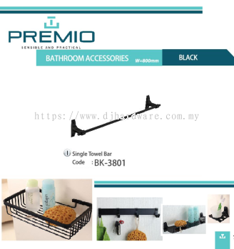 PREMIO BATHROOM ACCESSORIES W 800MM BLACK SINGLE TOWEL BAR BK3801 (WS)