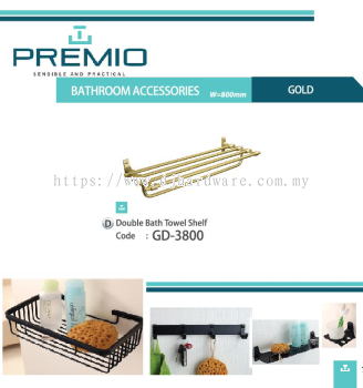 PREMIO BATHROOM ACCESSORIES W 800MM GOLD DOUBLE BATH TOWEL SHELF GD3800 (WS)