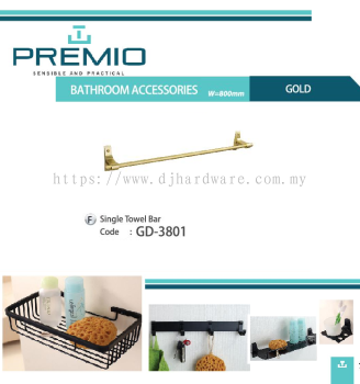 PREMIO BATHROOM ACCESSORIES W 800MM GOLD SINGLE TOWEL BAR GD3801 (WS)