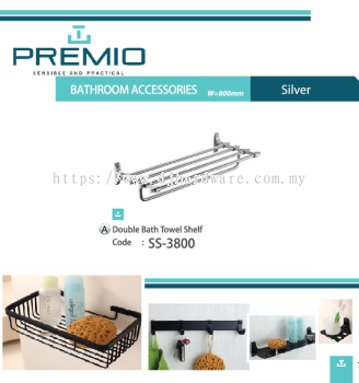 PREMIO BATHROOM ACCESSORIES W 800MM SILVER DOUBLE BATH TOWEL SHELF SS3800 (WS)