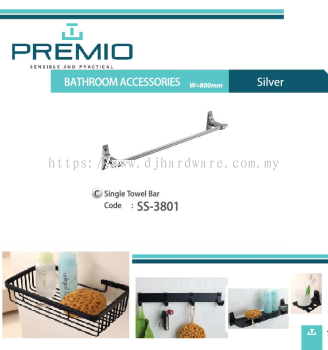 PREMIO BATHROOM ACCESSORIES W 800MM SILVER SINGLE TOWEL BAR SS3801 (WS)