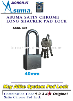 ASUMA KEY ALIKE SYSTEM PAD LOCK LONG SHACKER SATIN CHROME A9898K ASKL401 40MM (LSK)