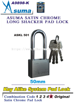 ASUMA KEY ALIKE SYSTEM PAD LOCK LONG SHACKER SATIN CHROME A9898K ASKL501 50MM (LSK)