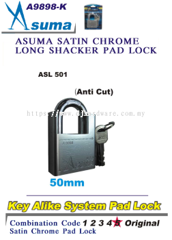 ASUMA KEY ALIKE SYSTEM PAD LOCK LONG SHACKER SATIN CHROME ANTI CUT A9898K ASKL501 50MM (LSK)