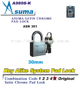 ASUMA KEY ALIKE SYSTEM PAD LOCK SATIN CHROME A9898K ASK 301 30MM (LSK)