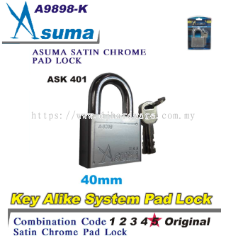 ASUMA KEY ALIKE SYSTEM PAD LOCK SATIN CHROME A9898K ASK 401 40MM (LSK)