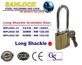 SANLOCK STEEL POLISHING PAD LOCK TOP SECURITY LONG SHACKLE PAD LOCK (LSK)