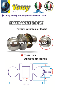 YEROY HIGH QUALITY HEAVY DUTY CYLINDRICAL LOCK ALLWAYS UNLOCKED Y3801SS (LSK)