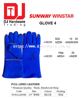 GLOVE FULL LINED LEATHER PREMIUM QUALITY THICK REINFORCED STRIP BLUE PCFLG14WSB (SWW)