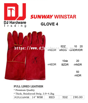 GLOVE FULL LINED LEATHER PREMIUM QUALITY THICK REINFORCED STRIP RED PCFLG14WSR (SWW)