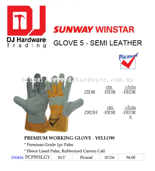 PICASAF GLOVE SEMI LEATHER PREMIUM WORKING GLOVE FLEECE LINED PALM RUBBERISED CANVAS CALF 10.5 PCPWSLGY 156416 (SWW)