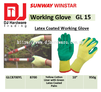 WORKING GLOVE G15 LATEX COATED WORKING GLOVE YELLOW COTTON LINER WITH GREEN LATEX COATED PALM GLC8700YL 950G (SWW)