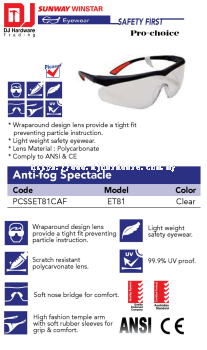 PICASAF EYEWEAR SAFETY FIRST PRO CHOICE ANTI FOG SPECTACLE ET81 PCSSET81CAF CLEAR (SWW)