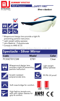 PICASAF EYEWEAR SAFETY FIRST PRO CHOICE SILVER MIRROR SPECTACLE ET81 PCSSET81CSM CLEAR (SWW)