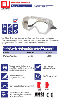 PICASAF EYEWEAR SAFETY FIRST SAFETY ANTI FOG CHEMICAL GOGGLE 9333 PCSG9333C CLEAR (SWW)