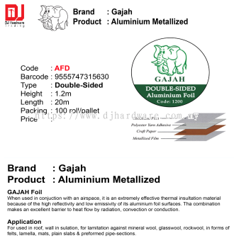 GAJAH ALUMINIUM METALLIZED FOIL DOUBLE SIDED AFD 1.2M X 20M 9555747315630 (CL)