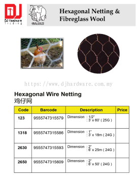 GAJAH HEXAGONAL NETTING & FIBREGLASS WOOL HEXAGONAL WIRE NETTING 123 3 X 60 25G 9555747315579 (CL)